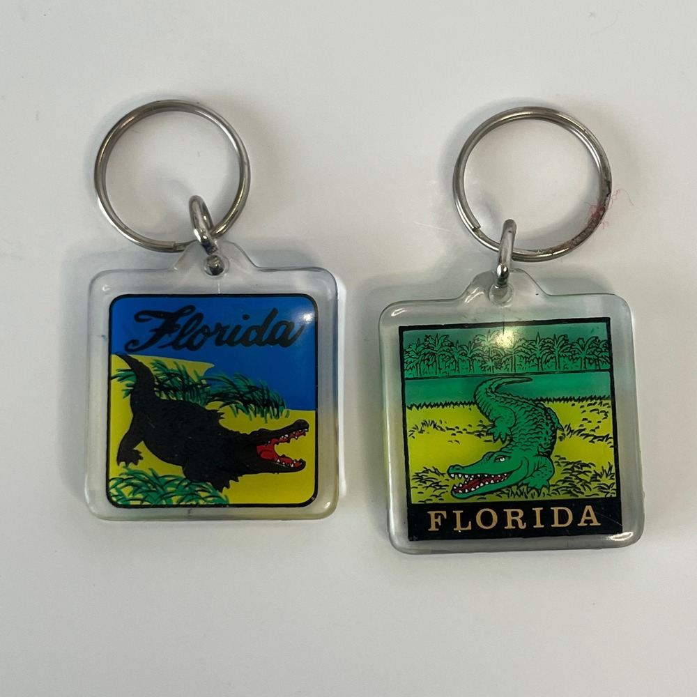 Vintage Florida Alligator Keychain Set Retro‎ Souvenir Acrylic Key Ring 2pc